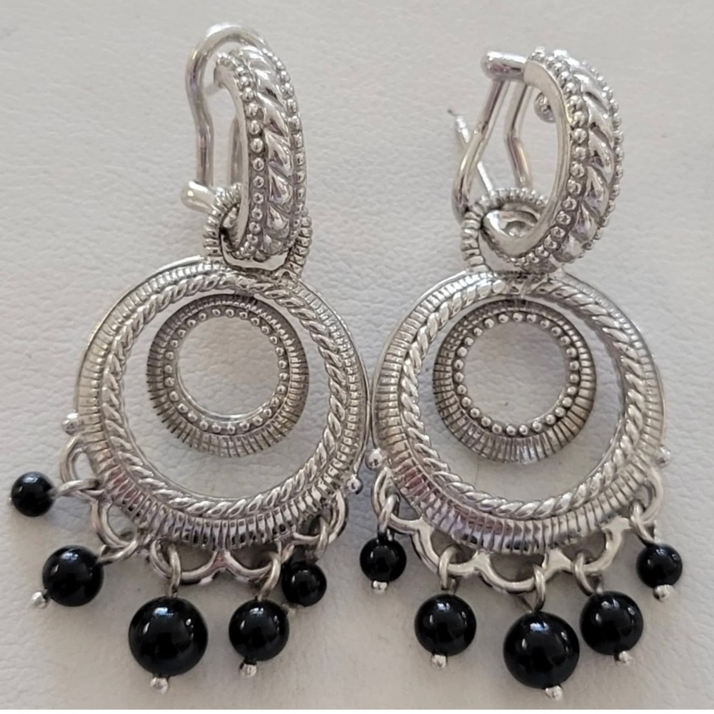 Judith Ripka SS and black onyx omega back dangle earrings